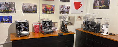 Shop View . Malaysia Barista TTDI KL outlet . Cafe Coffee Bean Grinders on display